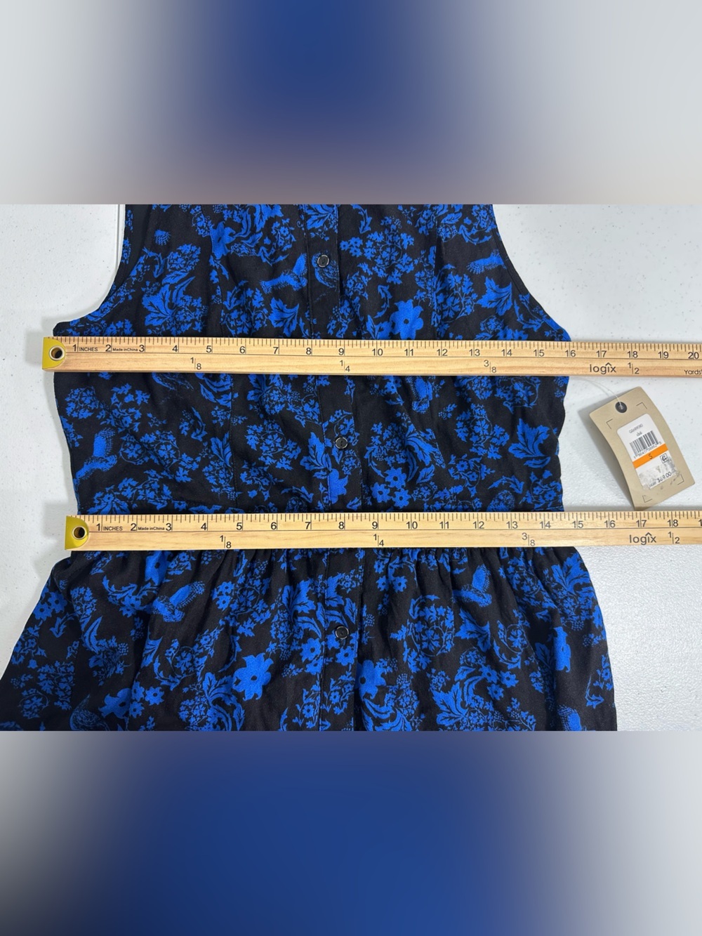 NEW GH BASS Size S Sleeveless Blue Black Floral Lined Dress Button Front Mini - Picture 6 of 11